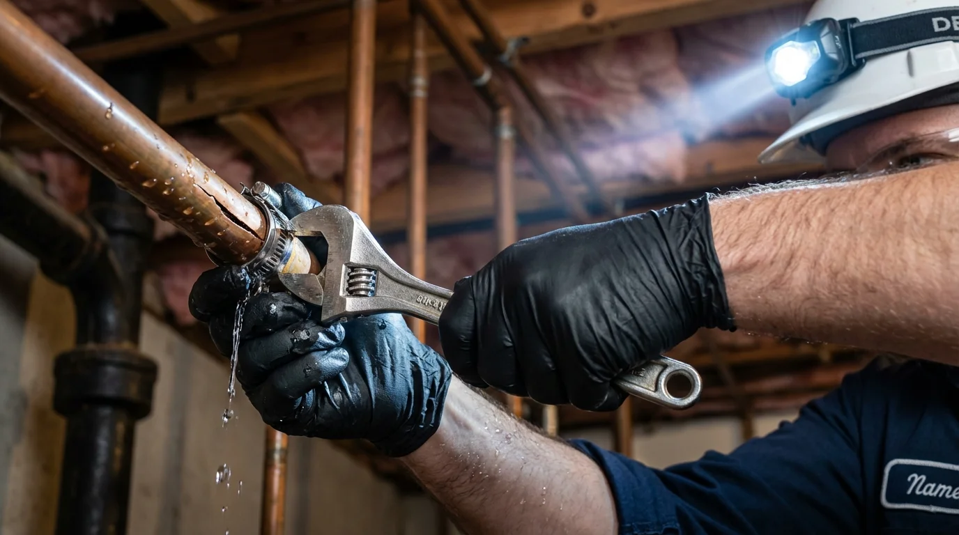 Emergency pipe clamp repair being performed by a Johns Plumbing LLC plumber in Pine Bluffs