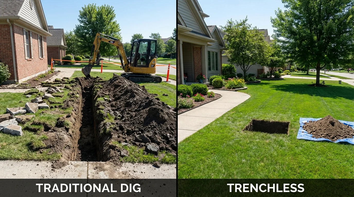 Trenchless sewer repair with minimal yard damage versus traditional excavation in Pine Bluffs, WY